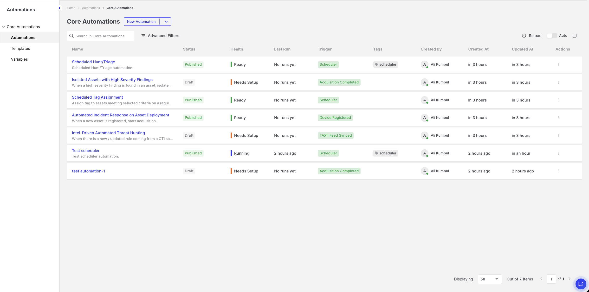 Automations: Automations list